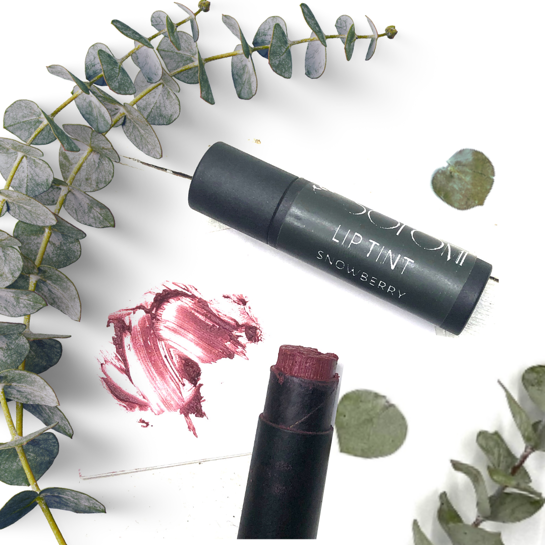 Solomé Beauty’s Lip & Cheek Tint in Snowberry, packaged in a 100% compostable tube, offering a deep berry-plum hue for a natural, multi-use flush."