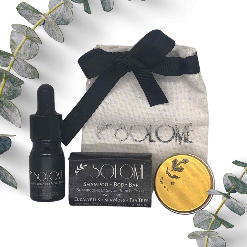MINI SKINCARE ESSENTIALS SET solomé beauty natural organic botanical cruelty free skincare shampoo & body bar