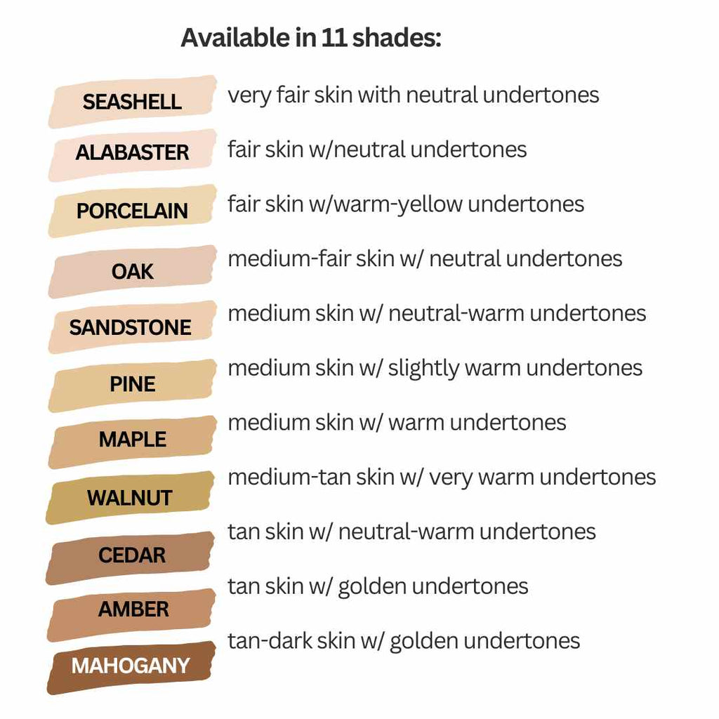A lineup of 11 swatches of Solomé Beauty's Mineral Tinted Moisturizer, ranging from fair to deep tones, displayed on a neutral background to highlight the variety of shades for all skin tones.