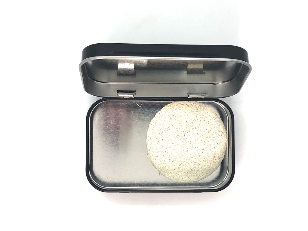 empty travel case and loofah for Shampoo + Body Bar  Eucalyptus + Sea Moss + Tea Tree shampoo bar