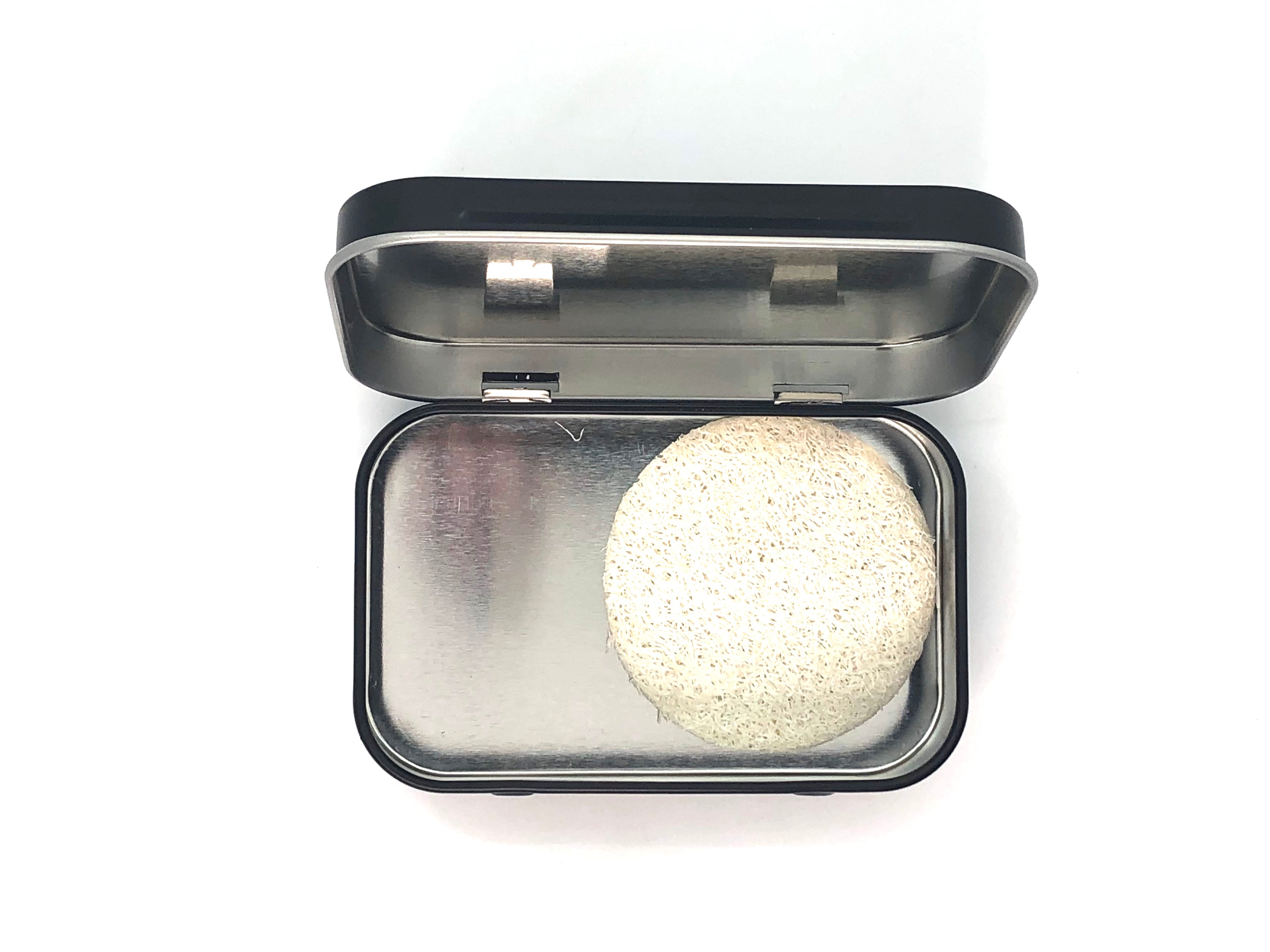 empty travel case and loofah for Shampoo + Body Bar  Eucalyptus + Sea Moss + Tea Tree shampoo bar